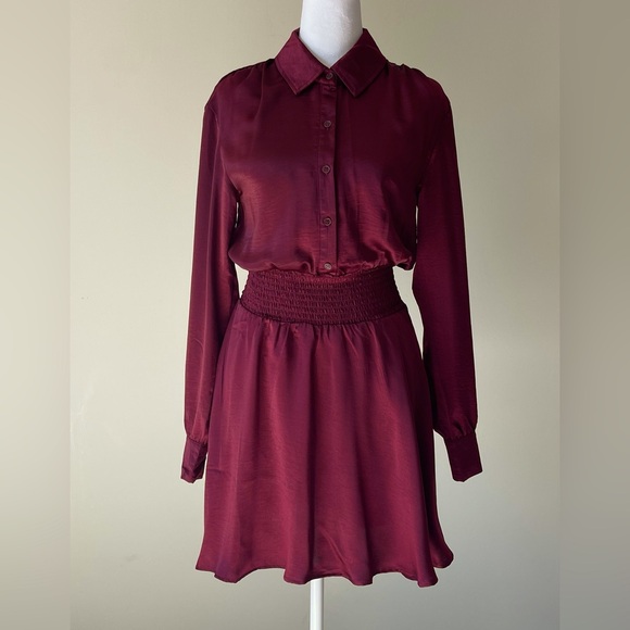Steve Madden Dresses & Skirts - Steve Madden NWOT Long Sleeve Smocked Waist Satin Shirtdress in Burgundy